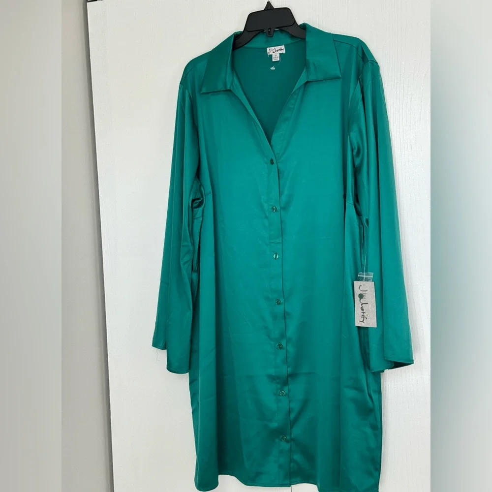 Beautiful emerald green 3X big & tall tunic dress or button down shirt dress top